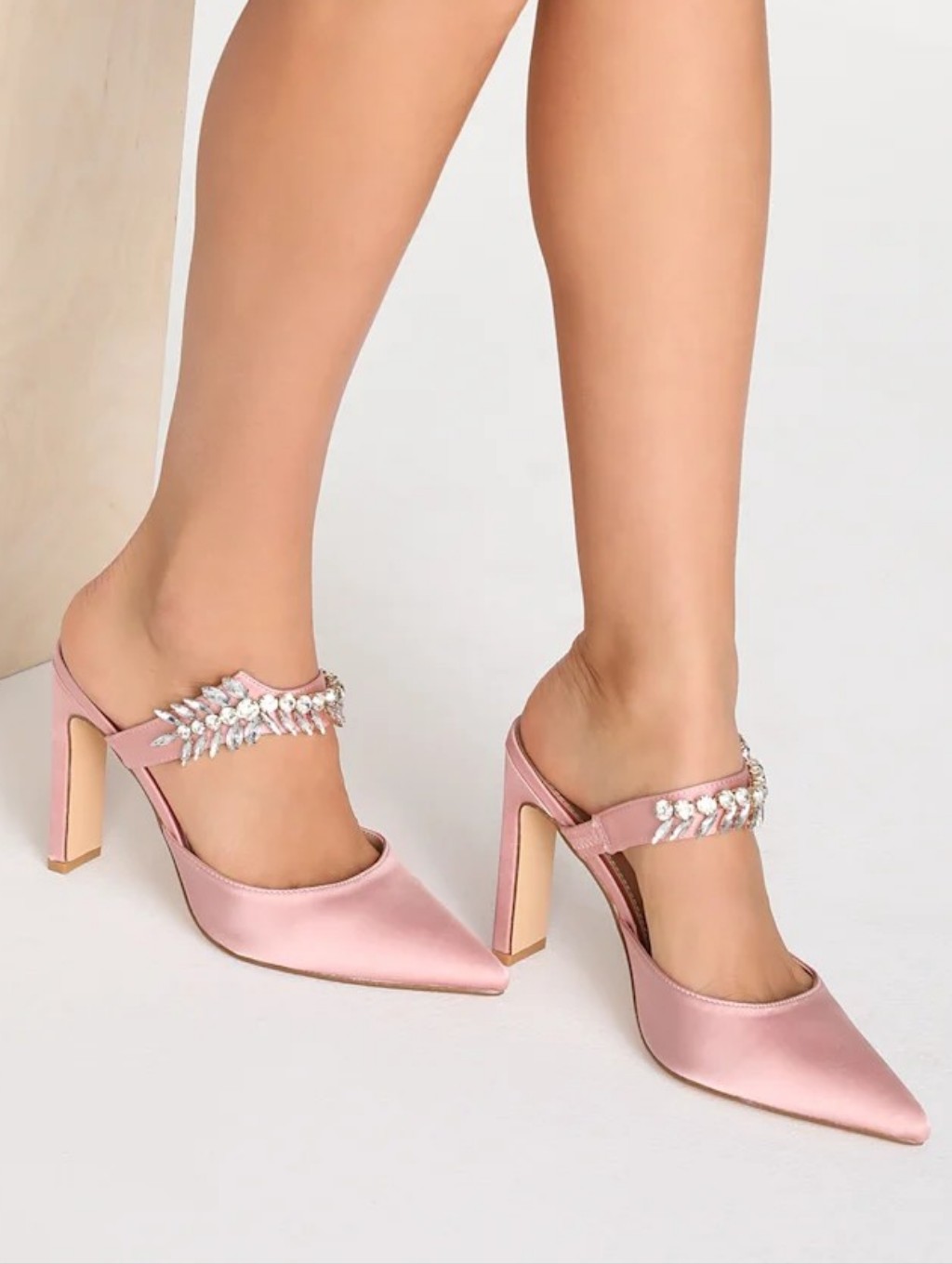 New Rose Pink Formal Satin Rose Gold Crystal Strap Pointed-Toe Mule Pumps Size 8